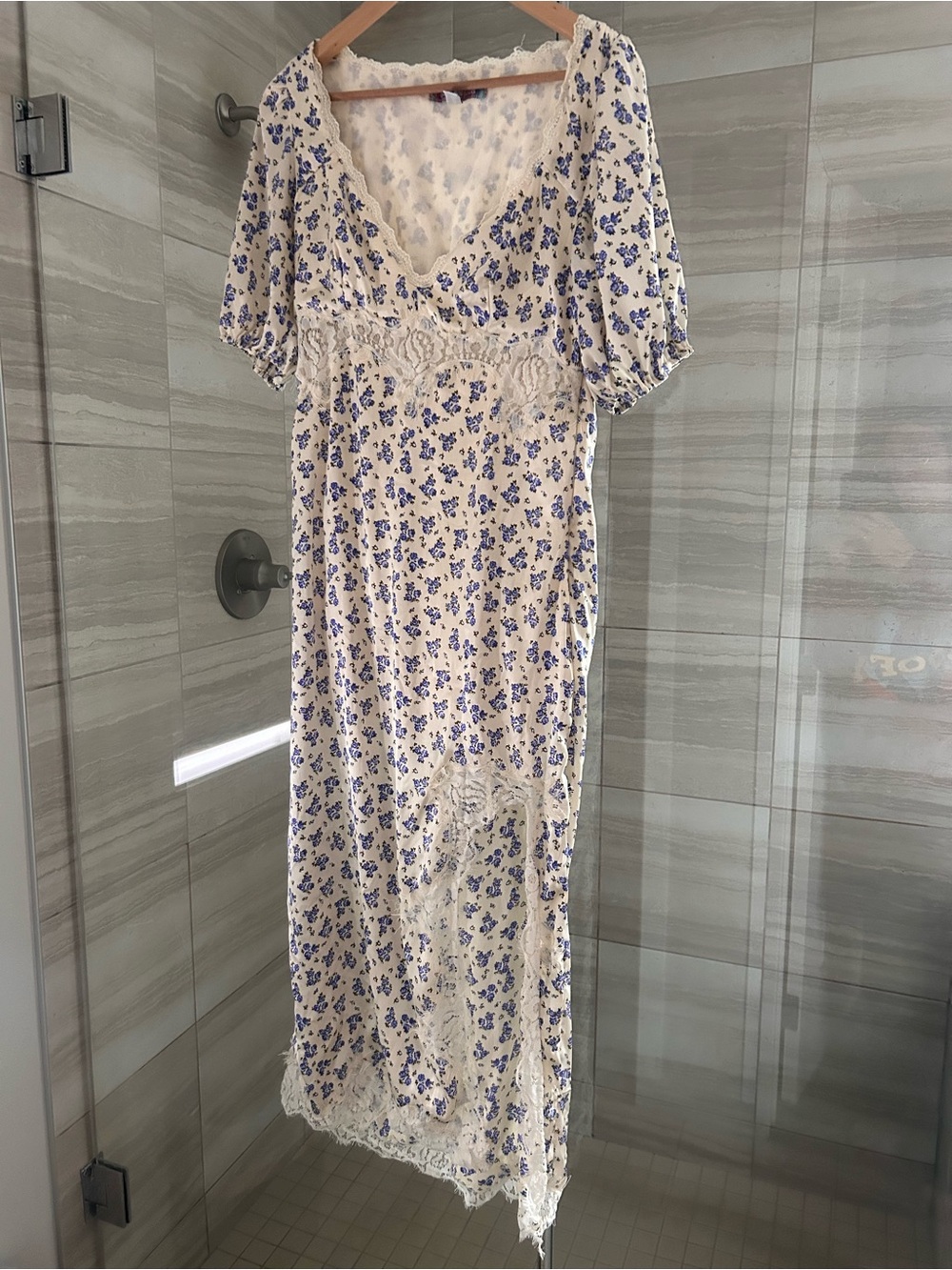 Floral Cottagecore Lace Trim‎ Dress Blue & Cream Puff Sleeve silky fabric size M